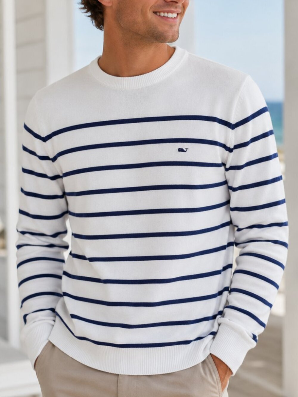 Vineyard Vines Men's Striped Sweater Crewneck White Navy Long Sleeve Cotton L